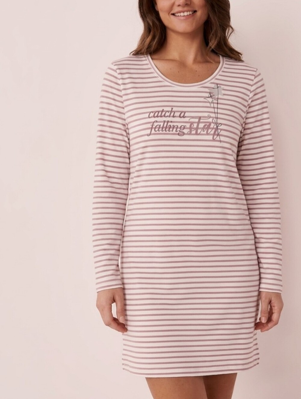 La Vie En Rose 100% Cotton Pink & White Striped Long Sleeve Nightshirt